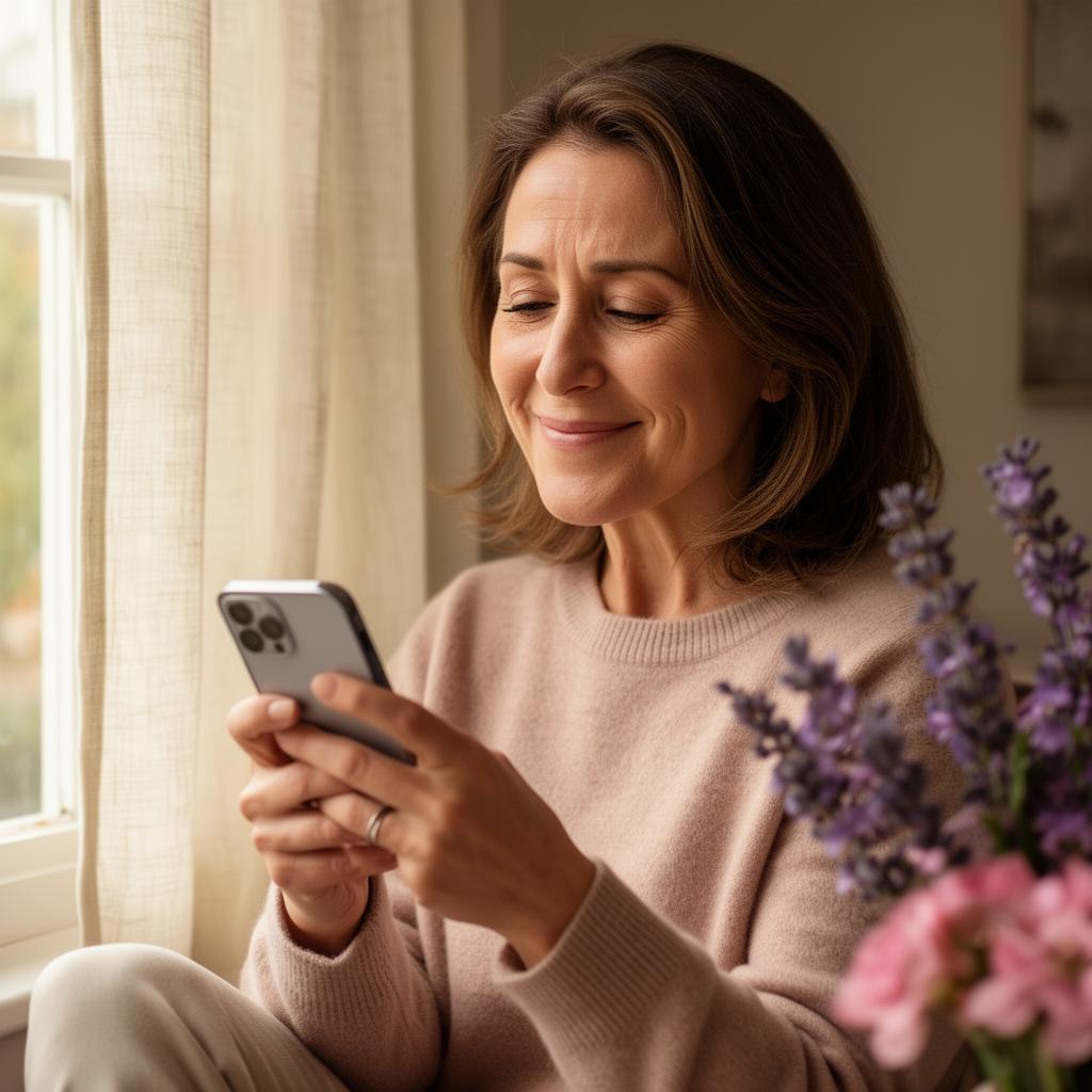 Woman at home reading her Luna pattern report with a quiet aha moment